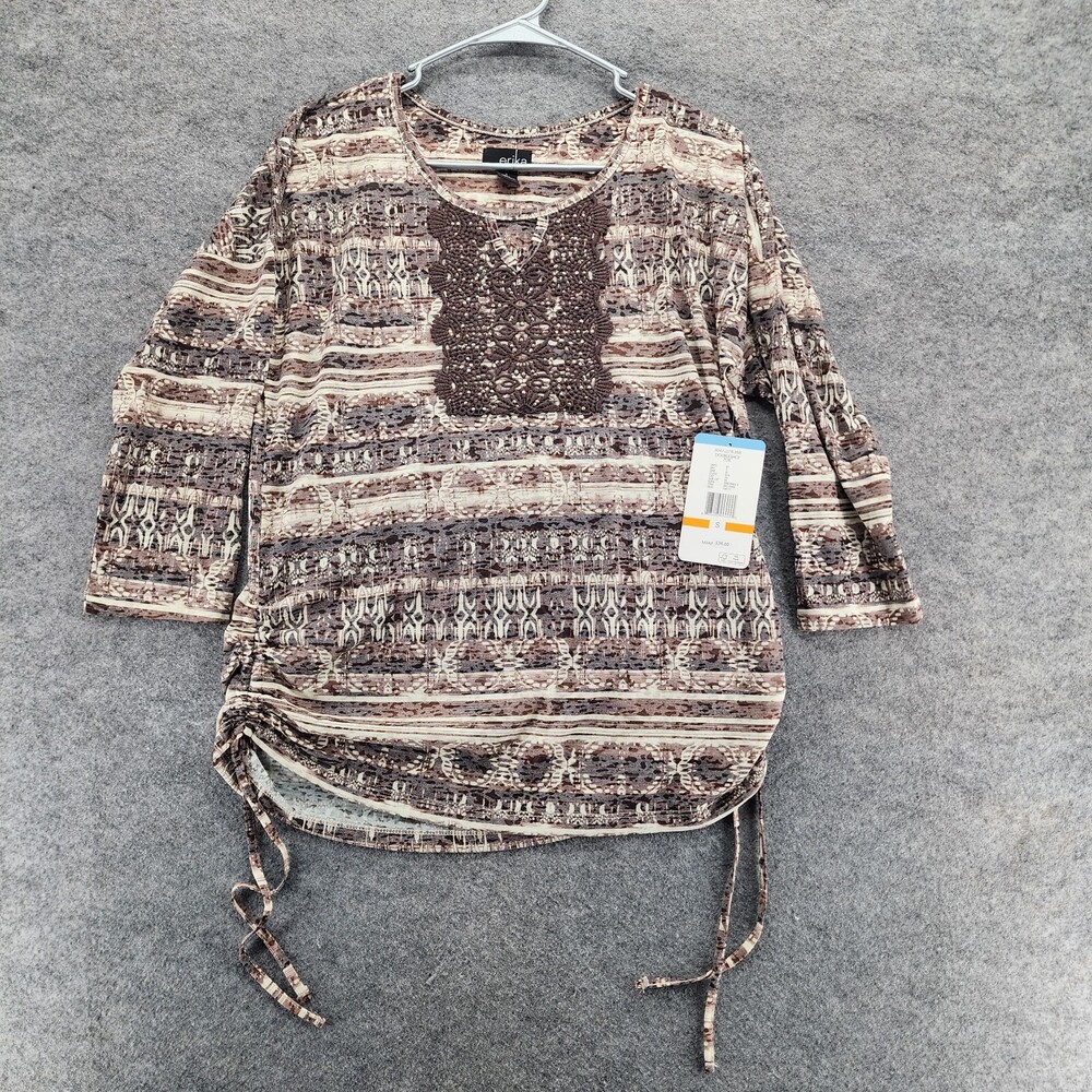 Erika Shirt Womens Small 3/4 Sleeve Brown Striped Ruched